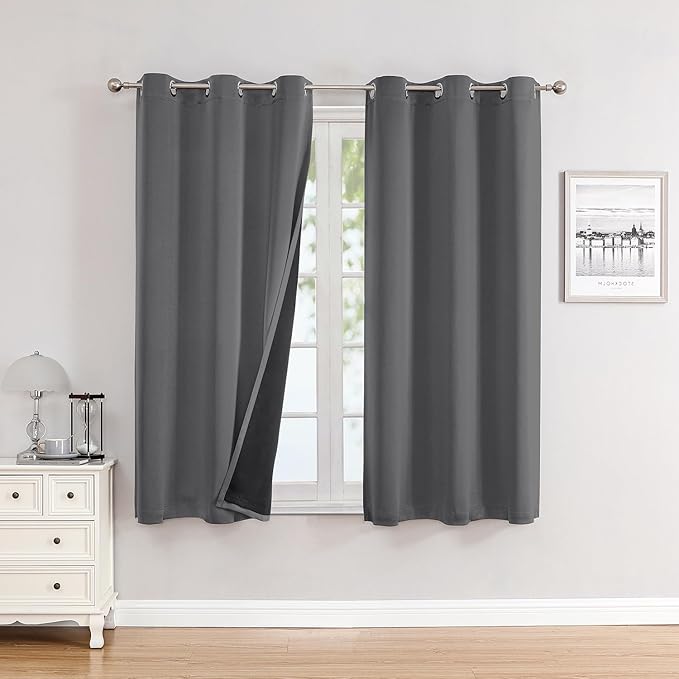 ChrisDowa 100% Blackout Curtains for Bedroom 45 Inches Long 2 Panels Set | 2 Thick Layers, Thermal Insulated, Light Blocking, Grommet, Window Treatment, Living Room Drapes, Grey, 42 x 45 Inch
