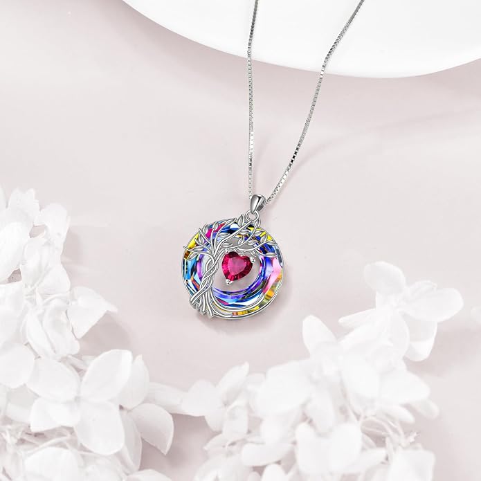 POPLYKE Mothers Day Gifts for Mom Her Wife Tree of Life Necklace 925 Sterling Silver Birthstone Pendant with Crystal Anniversary Birthday Wedding Jewelry for Women