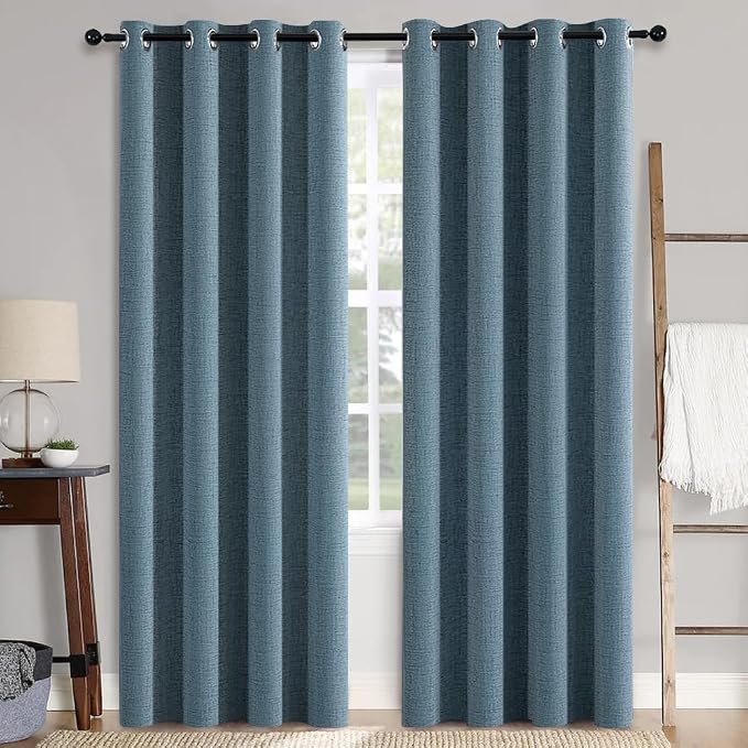 MIULEE Linen Texture Curtains for Bedroom Solid 100% Blackout Thermal Insulated Dusty Blue Curtains Grommet Room Darkening Drapes Luxury Decor for Living Room 52x96 Inch (2 Panels)