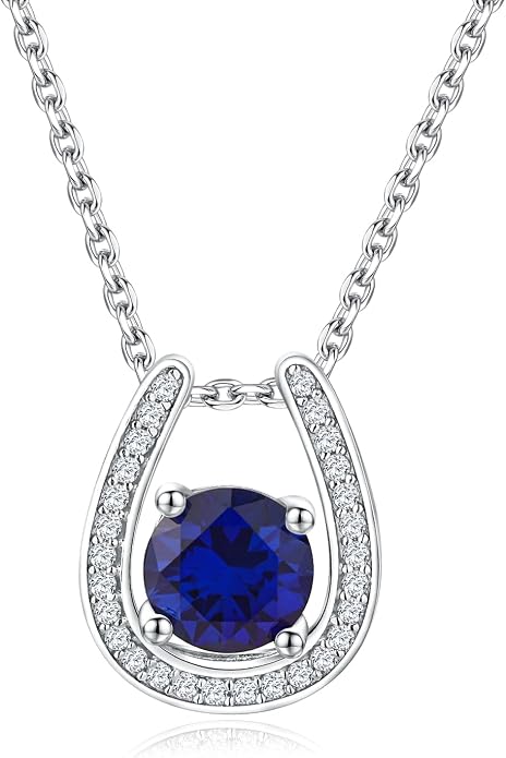 925 Sterling Silver Horseshoe Necklace for Women Round Gemstone Birthstone Necklace Sapphire/Emerald/Ruby/CZ Horse Shoe Pendant Necklaces Jewelry Gift
