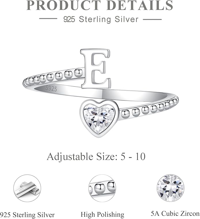 Step Forward 925 Sterling Silver Adjustable Initial Ring for Women | Non Tarnish Letter Rings for Lady | Alphabet Heart Thumb Rings | Capital Letter Jewelry Gifts