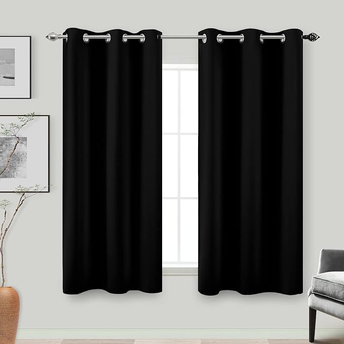 KOUFALL Short Curtains for Kitchen Bathroom, Sleep Out Blackout Drapes for Windows Over Sink Bedroom, 48 Inch Long, Black