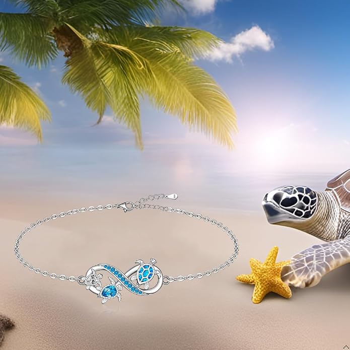 Fenthring Turtle Anklet S925 Sterling Silver Blue Opal Sea Turtle Ankle Bracelets for Women Infinity Wave Ocean Beach Summer Foot Bracelet Jewelry Layered Adjustable