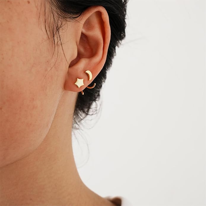 CHIC & ARTSY 925 Sterling Silver Half Hoop Earrings for Women, Small Huggie Hoops Set with Ball Bar Star Moon Cross & Pearl, Lightweight Comfort Fit Everyday & Sleep Earrings