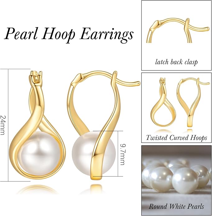 14K Gold Earrings for Women Gold Hoop Earrings Pearl Earrings for Women Hoop Solitaire Teardrop-Shaped with Twisted Lines Eye-catching Pearl Drop Dangle Hoops Earring for Womens 24mm