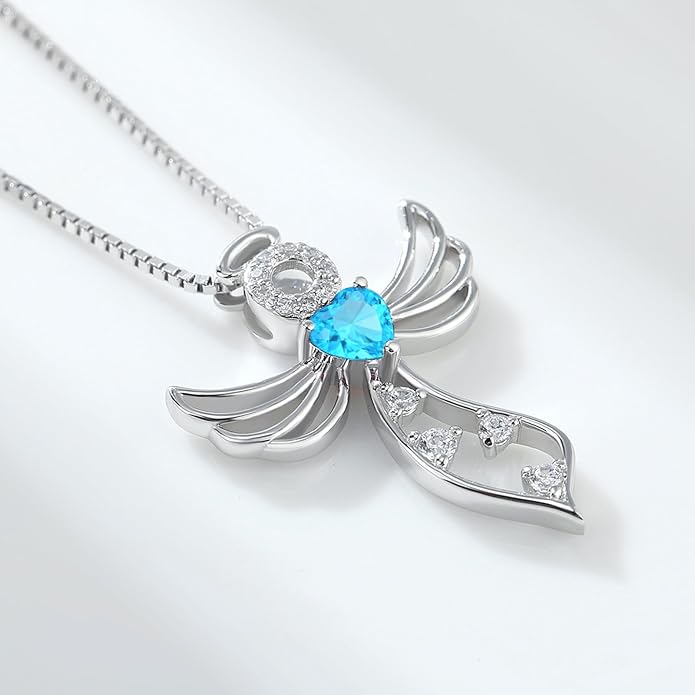 925 Sterling Silver Guardian Angel Pendant Necklace for Women - Birthstone Cubic Zirconia, 18" Chain, Gift for Her