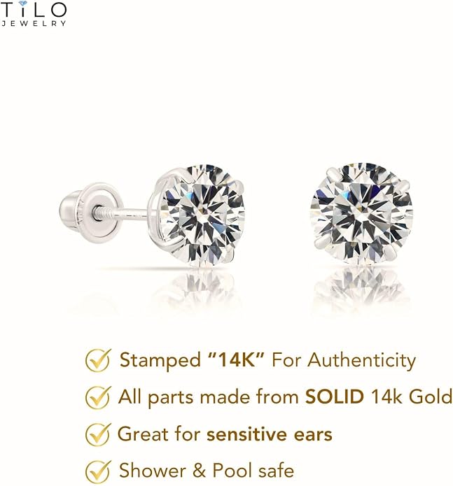 14k White Gold Solitaire Round Cubic Zirconia CZ Stud Earrings in Secure Screw-backs
