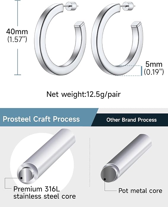 Stainless Steel Chunky Hoop Earrings For Women, Minimalist and Chic, Black/Gold Plated, Round Hoops Earrings Hypoallergenic, Size: 30mm/40mm/60mm/80mm, Come with Box