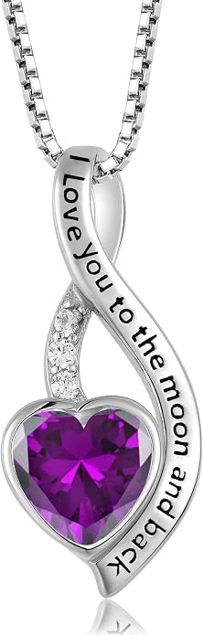 I Love You to The Moon and Back Necklace for Women, 925 Sterling Silver Heart Birthstone Pendant Necklace Jewelry Anniversary Birthday Gifts for Girls Women Wife Mom Daughter