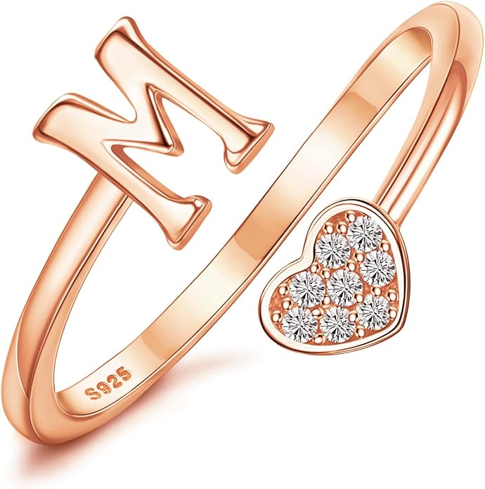 MILACOLATO 925 Sterling Silver Initial Rings for Women Teen Girl 18K Gold Plated Heart Initial Rings Adjustable Capital Letter Ring Stackable Thumb Pinky Rings for Daughter Birthday Bridesmaid Gifts Jewelry, A to Z