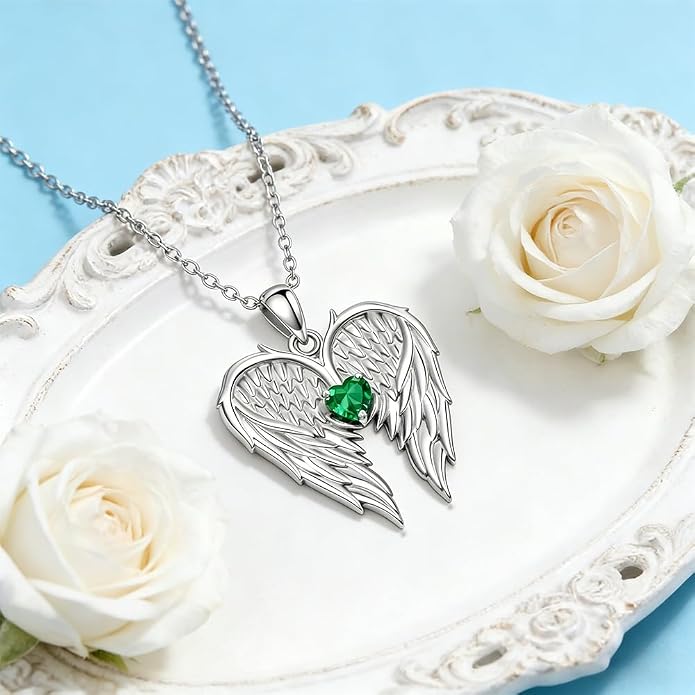 Dorunmo Guardian Angel Wing Pendant Birthstone Heart Necklace Birthday Jewelry Gifts for Women Mom Wife Daughter