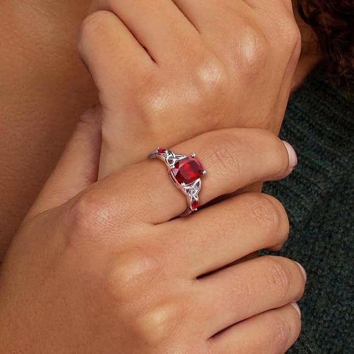 925 Sterling Silver Birthstone Rings for Women Cushion Cut Engagement Celtic Knot Ring Irish Jewelry Created Gemstone Anniversary Rings Size 6-10(with Box)