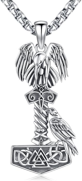 Eusense Viking Jewelry for Men Women Sterling Silver 925 Mjolnir Thors Hammer Pendant Celtic Cross Necklace Wolf Odin Raven Freya Goddess Norse Pagan Compass Vegvisir Yggdrasil Nordic Viking Necklaces Gifts