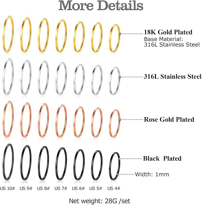FOCALOOK 28 PCS Knuckle Ring Set 1MM Stainless Steel Women's Thin Plain Band Stacking Midi Finger Rings Set Comfort Fit Silver/Black/Gold/Rose Tone Size 4-10