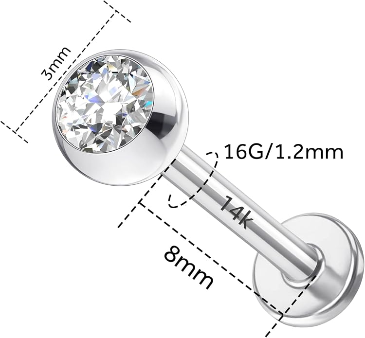 14k Yellow/White Gold Body Jewelry Earrings for Women Threaded Micro CZ Gem Top Tragus/Helix/Labret Stud 16G 6mm 8mm