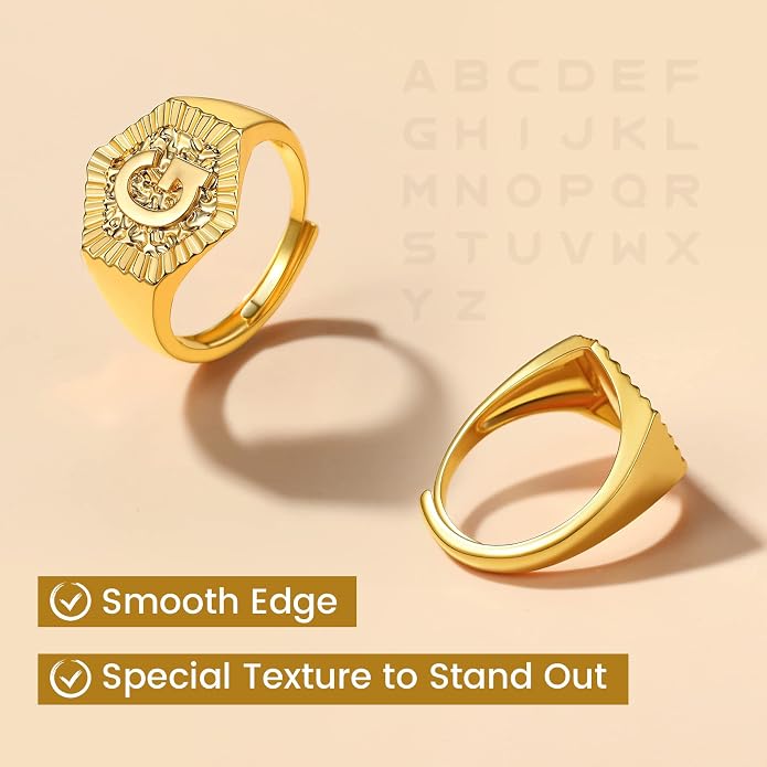 KeyStyle Bold Initial Letter Rings Adjustable, GoldChic Jewelry Women Gold Statement Ring Personalized Engraved Women’s Open Signet Ring for Party (Gold, White Gold, Black)