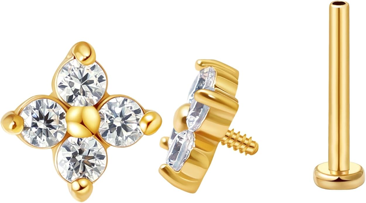 FANSING CZ Flower Internally Threaded Flat Back Earring Labret Stud for Cartilage Tragus Helix Conch