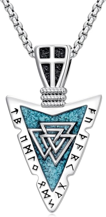 Viking Turquoise Arrowhead Necklace for Men Celtic/Evil Eye/Ankh/Valknut/Compass Arrow Head Pendant Fathers Day Birthday Gifts