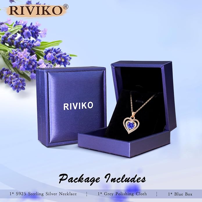RIVIKO Heart Birthstone Pendant Necklace for Women 925 Sterling Silver Zirconia Necklaces Valentine's Day Anniversary Birthday Mothers Day Jewelry Gifts For Her Mother Wife