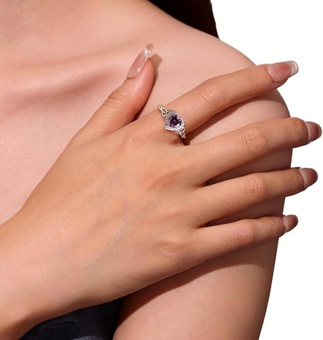 DAYBYDAY Celtic Birthstone Rings for Women 925 Sterling Silver Heart/Round/Pear/Oval Created Gemstone Moissanite Halo Engagement Promise Rings for Her Wife Birthday Anniversary Wedding Jewelry