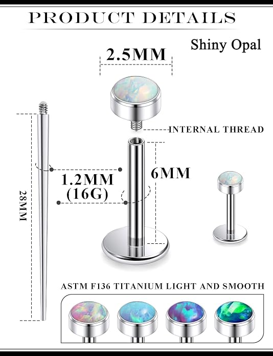 20G 18G 16G Astm F136 Titanium Internal Thread Flat Back Earrings Nose Studs Tragus Helix Conch Cartilage Lobe Earrings Medusa Labret Snake Bite Monroe Lip Ring Piercing Jewelry For Women Men