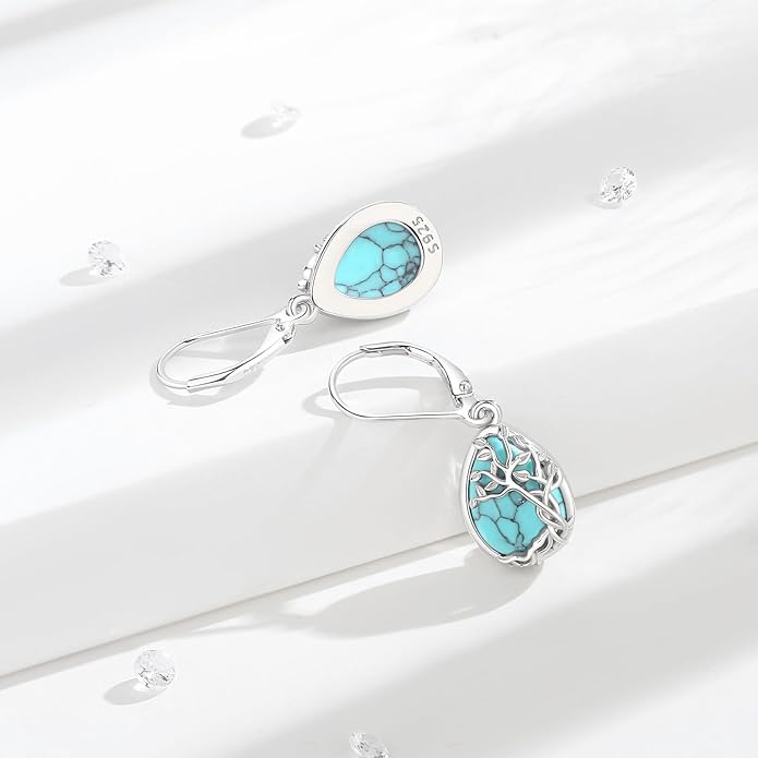 Vito 925 Sterling Silver Teardrop Earrings for Women, Moonstone Turquoise Drop Dangle Earrings Cat Snake Turtle Tree of Life Leverback Earrings Boho Jewelry Gift for Mom Wife