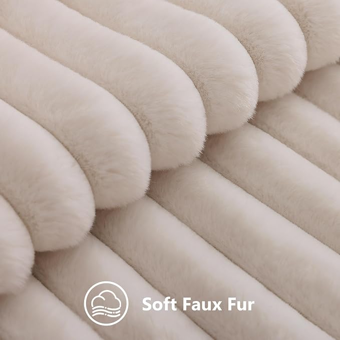 decorUhome Fall Faux Fur Throw Pillow Covers 22x22 Set of 2 Beige | Decorative Soft Cozy Striped Plush Modern Farmhouse Boho Couch Pillow Cases Velvet Back for Sofa Bed Living Room Home Decor