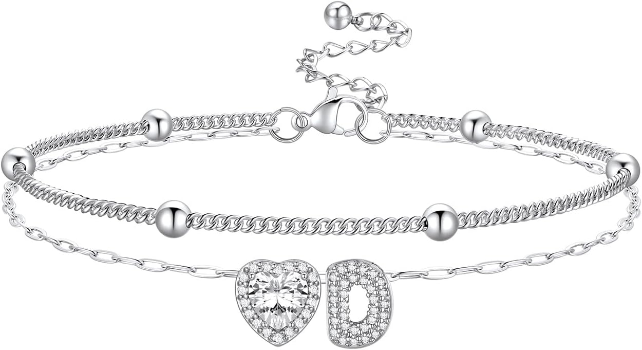 Bestyle Initial Anklet Bracelets for Women Waterproof Non Tarnish 14K Gold/White Gold Plated CZ Anklets for Women Dainty Layered Letter Heart Ankle Bracelets Adjustable Foot Chain Anklet
