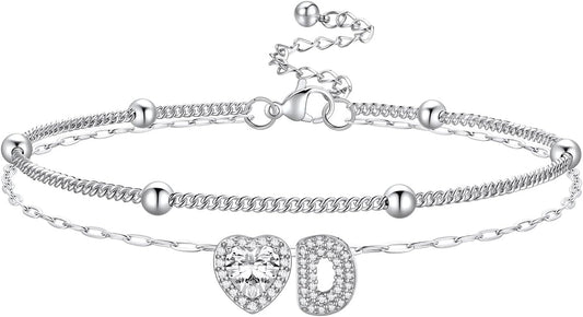 Bestyle Initial Anklet Bracelets for Women Waterproof Non Tarnish 14K Gold/White Gold Plated CZ Anklets for Women Dainty Layered Letter Heart Ankle Bracelets Adjustable Foot Chain Anklet