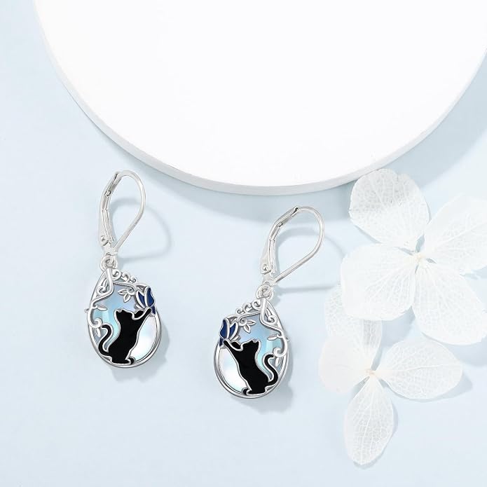 925 Sterling Silver Earrings Tree of Life/Cat/Animal/Turquoise/Moonstone Dangle Drop Earrings for Women Leverback Earring Hypoallergenic Jewelry Gifts
