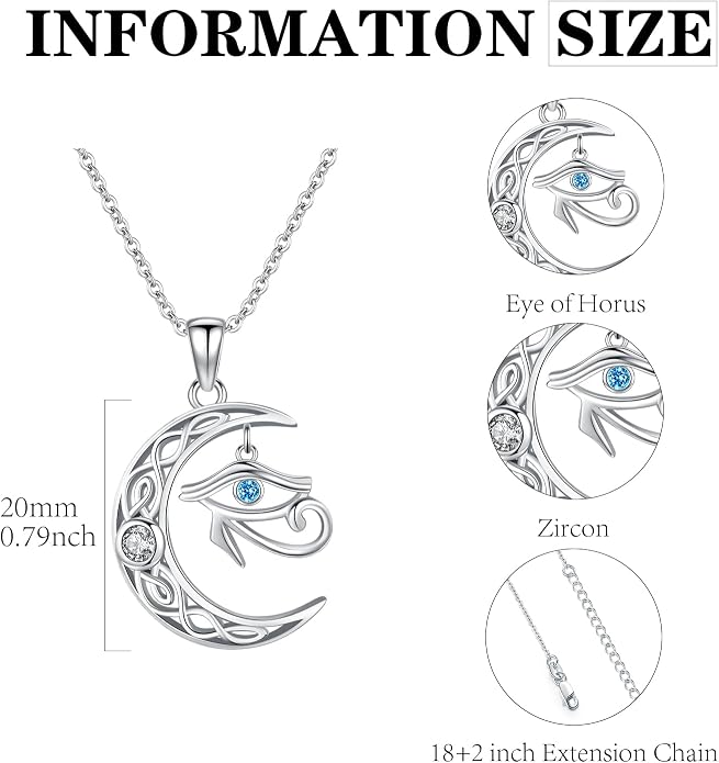 TRISHULA Crescent Moon Necklace 925 Sterling Silver Eye of Horus Animal Moon Pendant with Heart Crystal Birthday Jewelry Gift for Women Christmas Gifts for Her