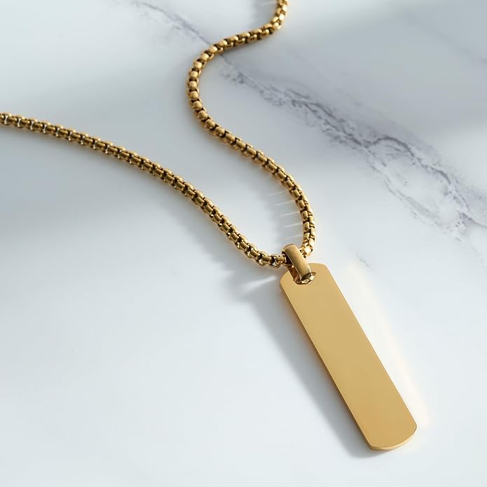 Fathers Day Personalized Vertical Bar Pendant Necklace - Custom Name Text Necklace Customized Stainless Steel Memorial Necklace Dad Gifts for Men