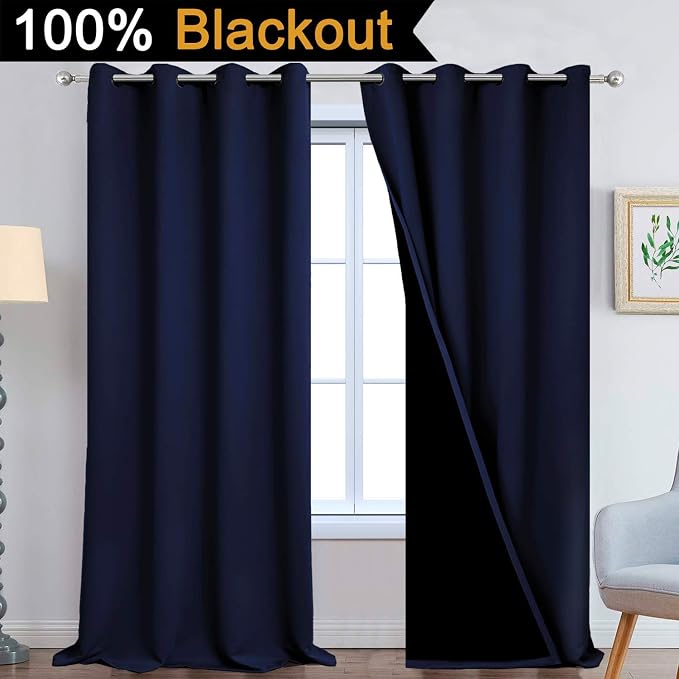 Yakamok Navy Blue 100% Blackout Curtains 108 Inches Long 52" Wide, 2 Panels | Blackout Curtain Panels for Bedroom, 2 Thick Layers Grommet Top Thermal Insulated Drapes with Black Liner for Living Room