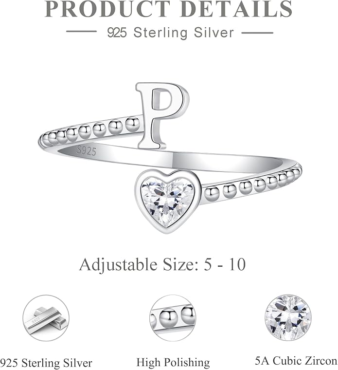Step Forward 925 Sterling Silver Adjustable Initial Ring for Women | Non Tarnish Letter Rings for Lady | Alphabet Heart Thumb Rings | Capital Letter Jewelry Gifts