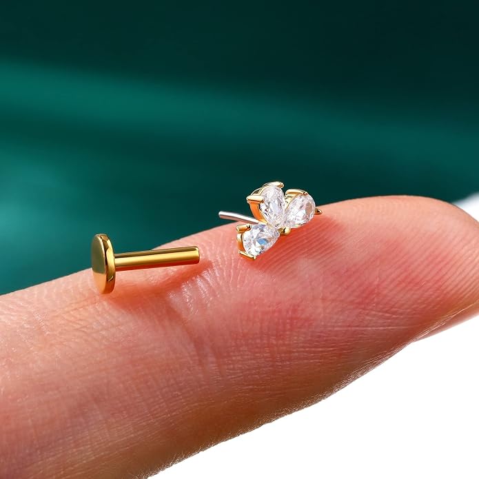 Cocharm 14K Solid Gold Cartilage Earring - 16g Flower Yellow Gold Flat Back Helix Stud, 14K Gold Push in Tragus Earring, Threadless Conch Stud