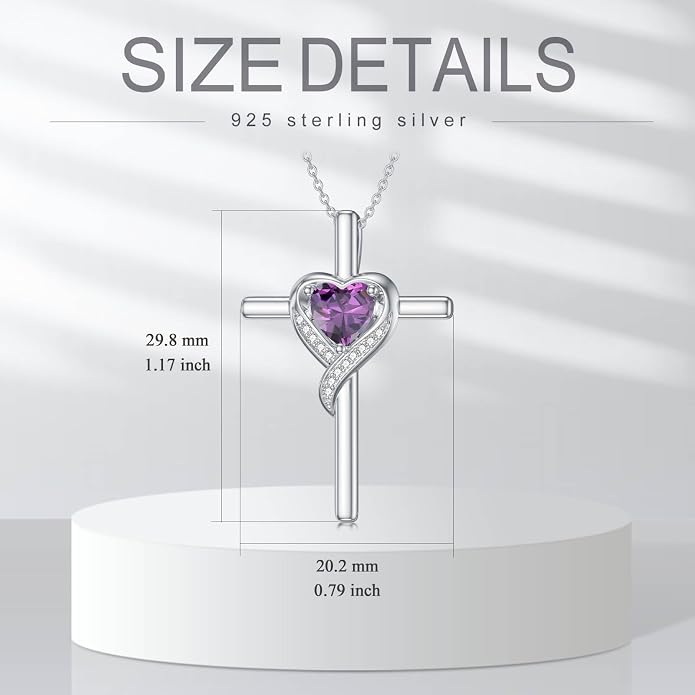TOUPOP Birthstone Cross Necklace for Women 925 Sterling Silver Heart Cross Pendant Necklace Mothers Day Birthday Jewelry Gifts for Mom Wife Her