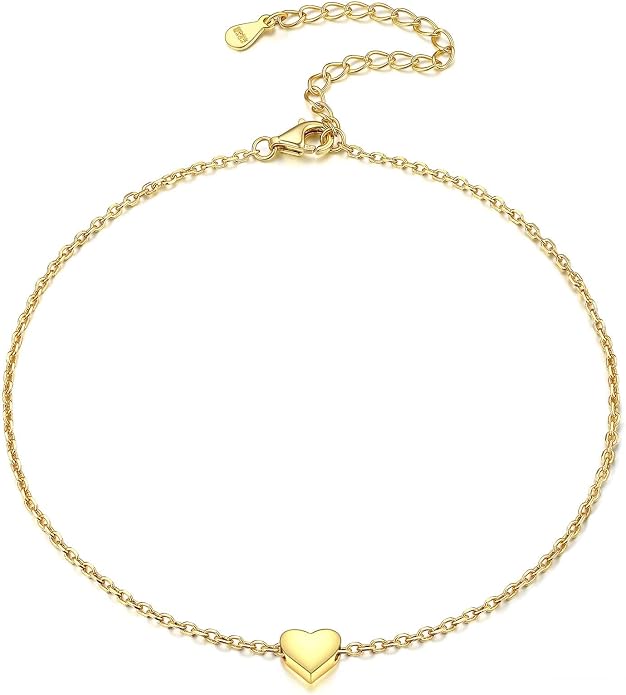 ChicSilver Personalized 925 Sterling Silver Tiny Heart/Moon/Star/Sun/Dot/Triangle Anklets Simple Dainty Foot Jewelry for Women, Silver/Gold Plated/Rose Gold Plated