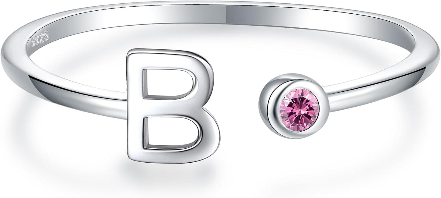 925 Sterling Silver Initial Letter Birthstone Rings for Women Adjustable 1-12 Month Birthstone Alphabet Stacking Ring for Teens Girls Stackable Birthstone Rings Birthday Jewelry Gift for Daughter Mom