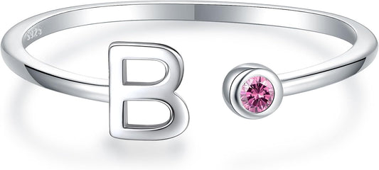 925 Sterling Silver Initial Letter Birthstone Rings for Women Adjustable 1-12 Month Birthstone Alphabet Stacking Ring for Teens Girls Stackable Birthstone Rings Birthday Jewelry Gift for Daughter Mom