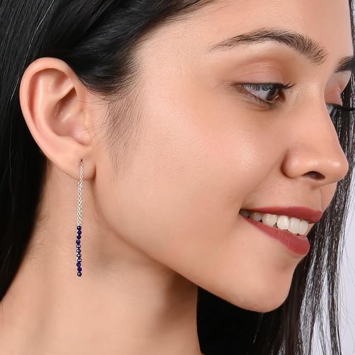 Sterling Silver Threader Earrings with Real Gemstone Beads - Elegant Pull-Through Design for Women, Dangling Western Earrings, Long and Short Adjustable Earring