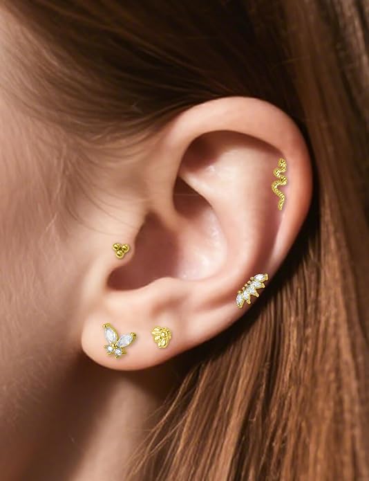 14K Gold Filled 20G 18G 16G Threadless Flat Back Earrings Studs Surgical Stainless Steel Opal CZ Push In Nose Rings Studs Tragus Helix Conch Cartilage Earrings Piercing Jewelry For Women Men