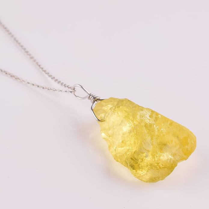 Natural Raw Lemon Quartz Stone Rough Crystal Gemstone Dainty Women Pendant Necklace, Chakra Healing Crystals, Birthstone, Gift, Rhodium Plated 925 Sterling Silver Chain 18 inch