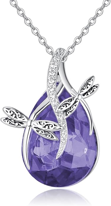 PRAYMOS S925 Sterling Silver Birthstone Necklaces for Women Dainty CZ Necklace Dragonfly Pendant Minimalist Jewelry Gift