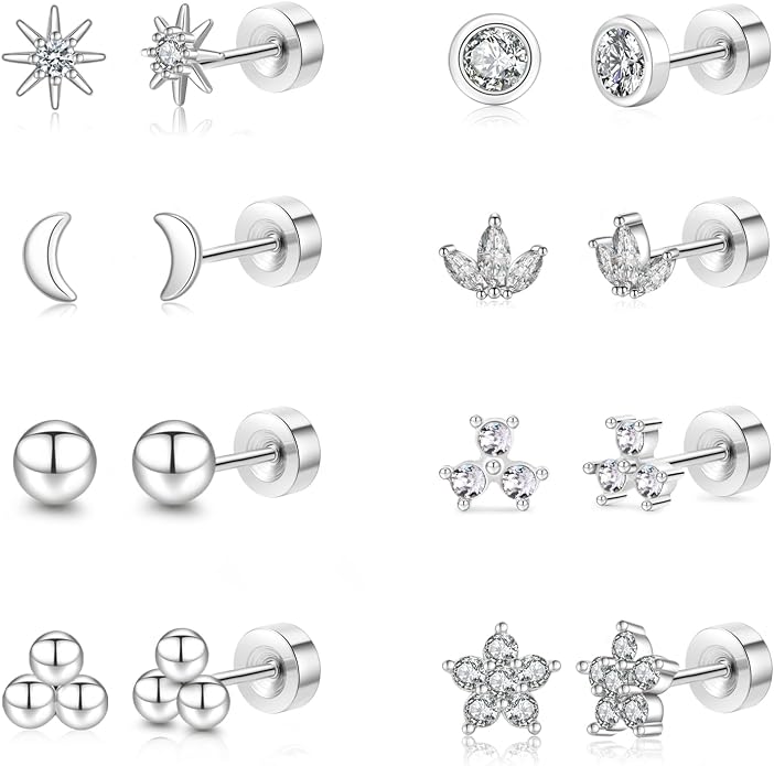 Senteria 6/8 Pairs Stainless Steel Stud Earrings for Women Hypoallergenic Flat Back Stud Earrings Tiny Stainless Steel Earring Small Cartilage Earring Set for Multiple Piercing