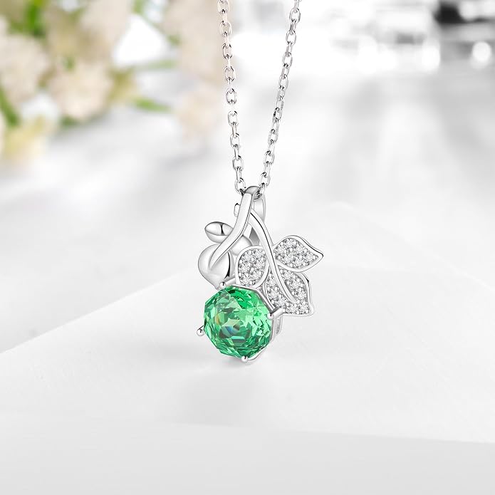 Aurora Tears Birthstone Rose Pendant Necklace - 925 Sterling Silver Rose Cut Cubic Zirconia Flower Leaf Necklace Anniversary Birthday Jewelry Gift for Women Wife Mom Daughter