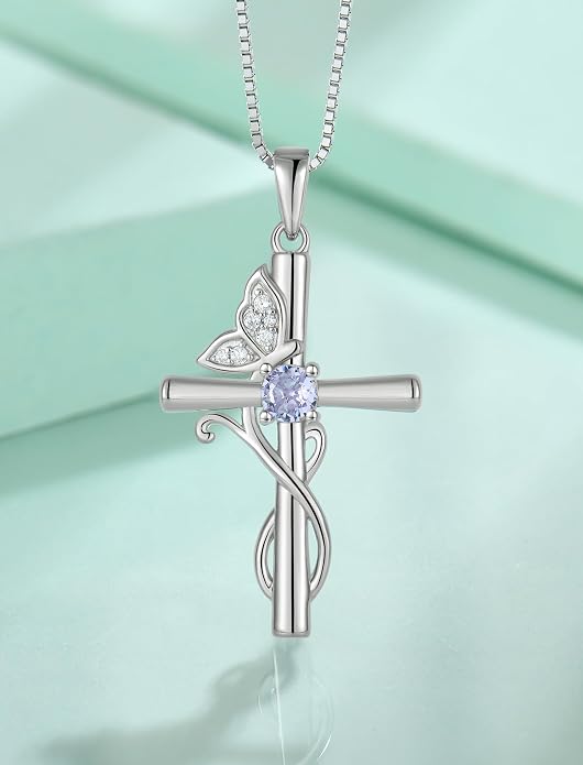 STARCHENIE Butterfly Cross Necklace 925 Sterling Silver Crucifix Pendant Birthstone Jewelry for Women