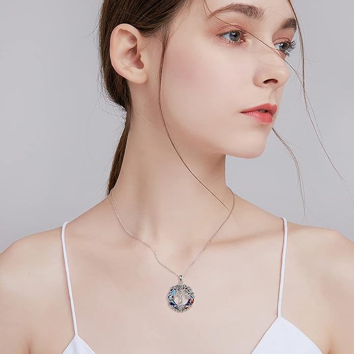 POPLYKE Tree of Life Necklace for Women Sterling Silver Celtic Knot Family Tree With Blue/Purple/Volcano Crystal Irish Gifts for Mom Wife Birthday Christmas
