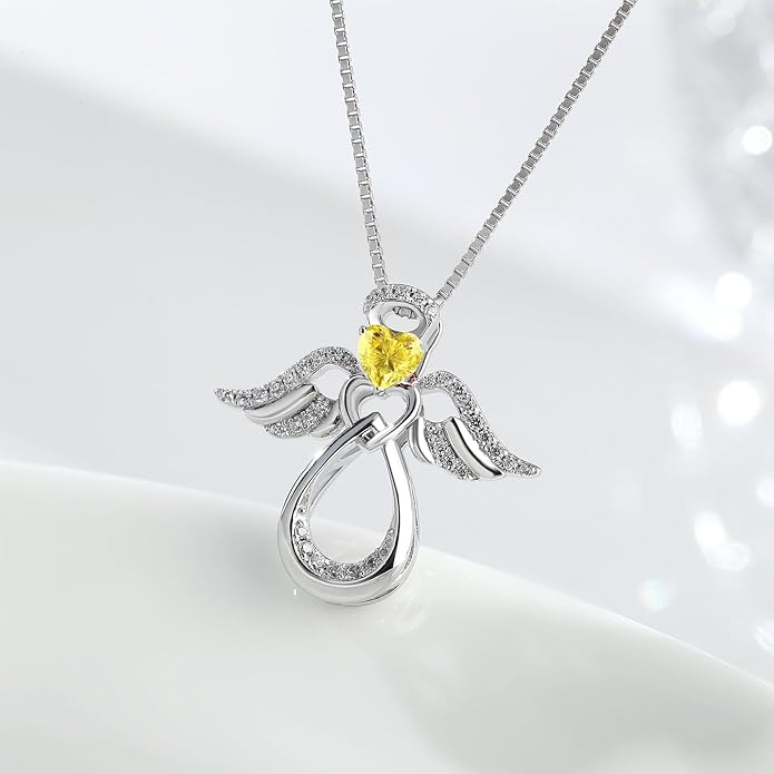 925 Sterling Silver Guardian Angel Pendant Necklace for Women with Birthstone Cubic Zirconia Little Angel Pendant Necklace Jewelry 18 inch Chain