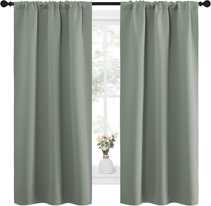 NICETOWN Window Curtains Blackout Drapes - Thermal Insulated Solid Rod Pocket Blackout Curtains/Draperies for Living Room (Greyish Green, One Pair, 34 by 63-Inch)