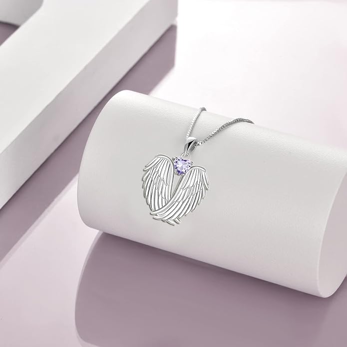 YFN Angel Wings Necklace 925 Sterling Silver Guardian Angel Wings Pendant Necklace Birthstone Necklace for Women Girls Christmas Jewelry Gifts